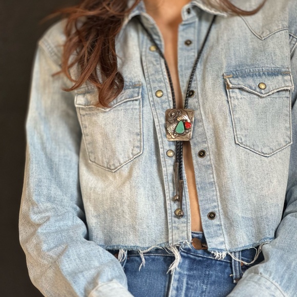 ALL SAINTS Denim Western Shirt Cropped Factory Raw Hem XS - Picture 10 of 10